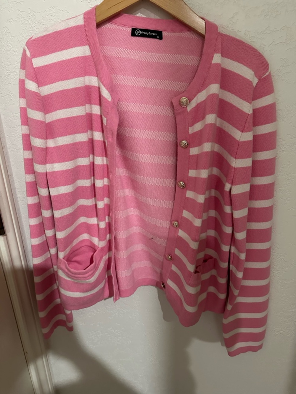 PrettyGardens Pink and White Striped Button Cardigan
